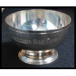 A silver hallmarked sugar bowl with inscription reading Lightcliffe Golf Club, Birmingham assay