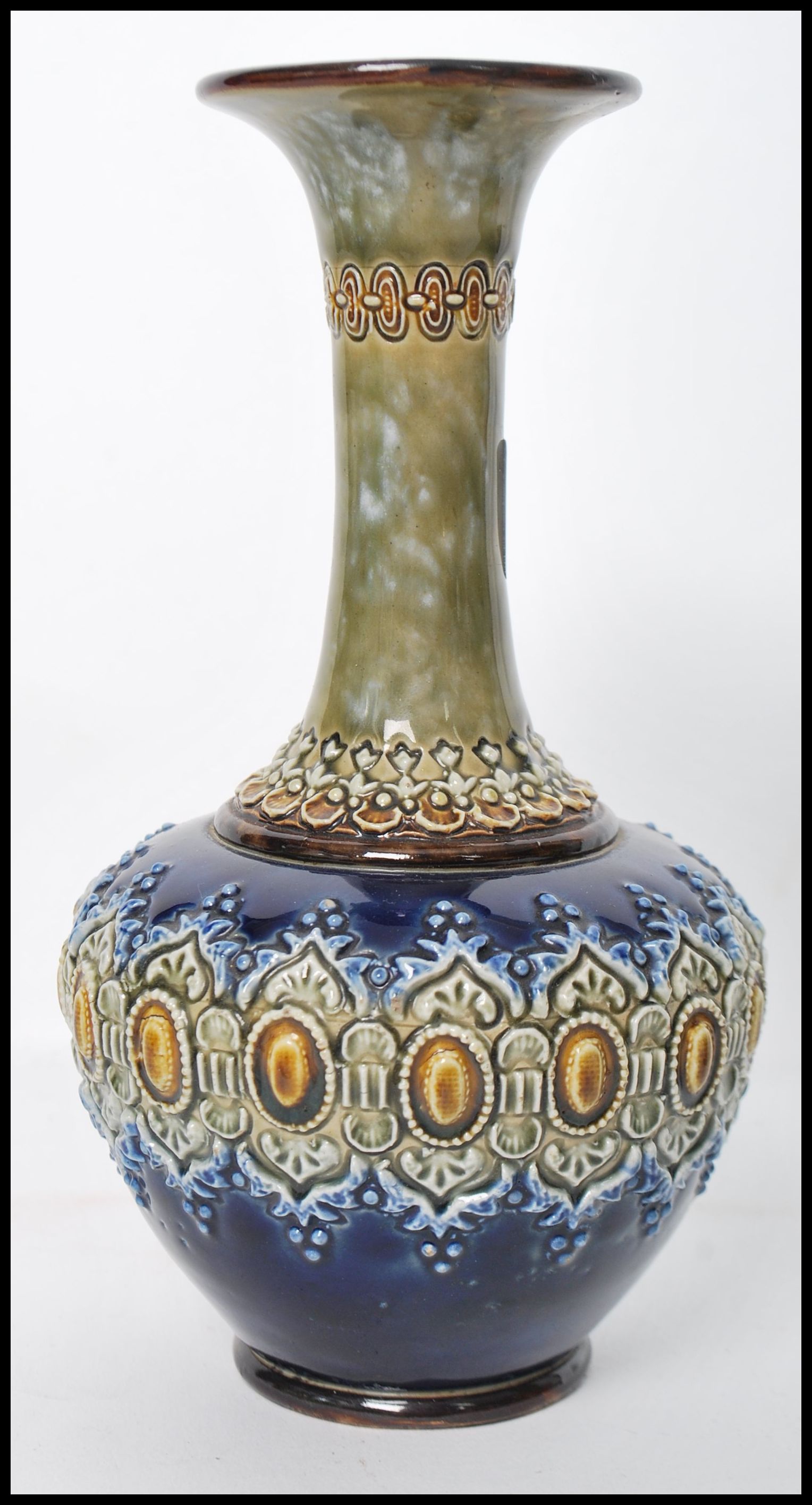 A 19th century Doulton Lambeth stoneware baluster vase having a waisted neck with flared rim, blue