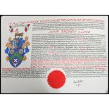 A framed and glazed city of London charter for the freedom of the city being issued to noted