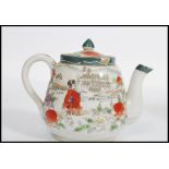 A 19th century Oriental Chinese porcelain tea pot depicting domestic scenes with shaped handle and