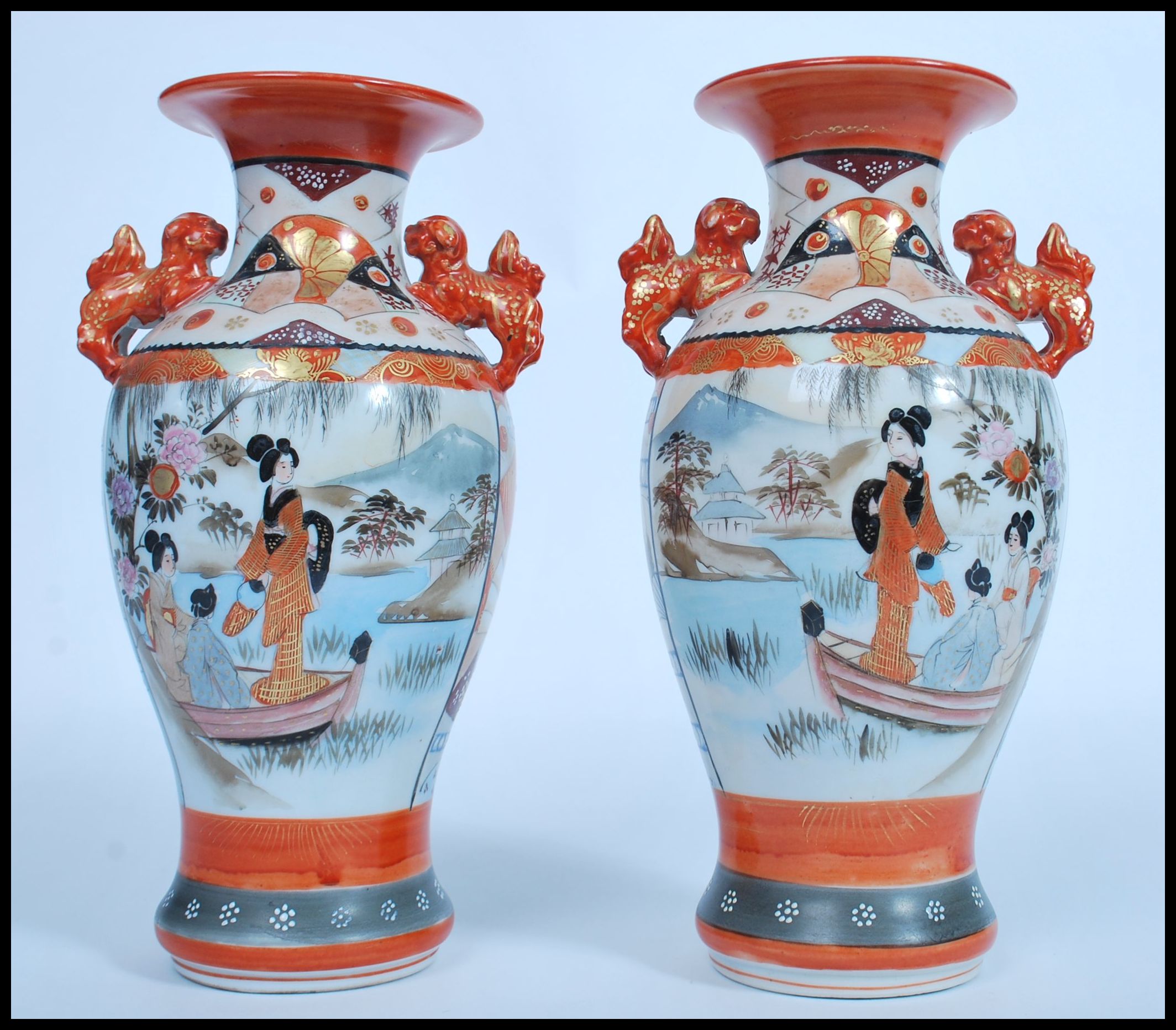 A pair of Japanese Kutani vases, Meiji, with twin handles modelled as dogs of fo, the panels - Image 3 of 6