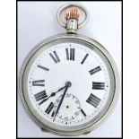 A silver plated Swiss made lever open faced crown wind pocket watch, having enamel face with Roman