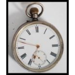 A vintage 20th century silver pocket watch stamped 835 to interior. The enamel face having a roman