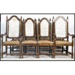 An early 20th century set of 8 Carolean revival mahogany rocking chair / armchair raised on barley