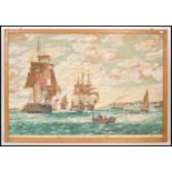 A large mid century print on fabric depicting ' Indiamen at Gravesend ' The tall ships print with