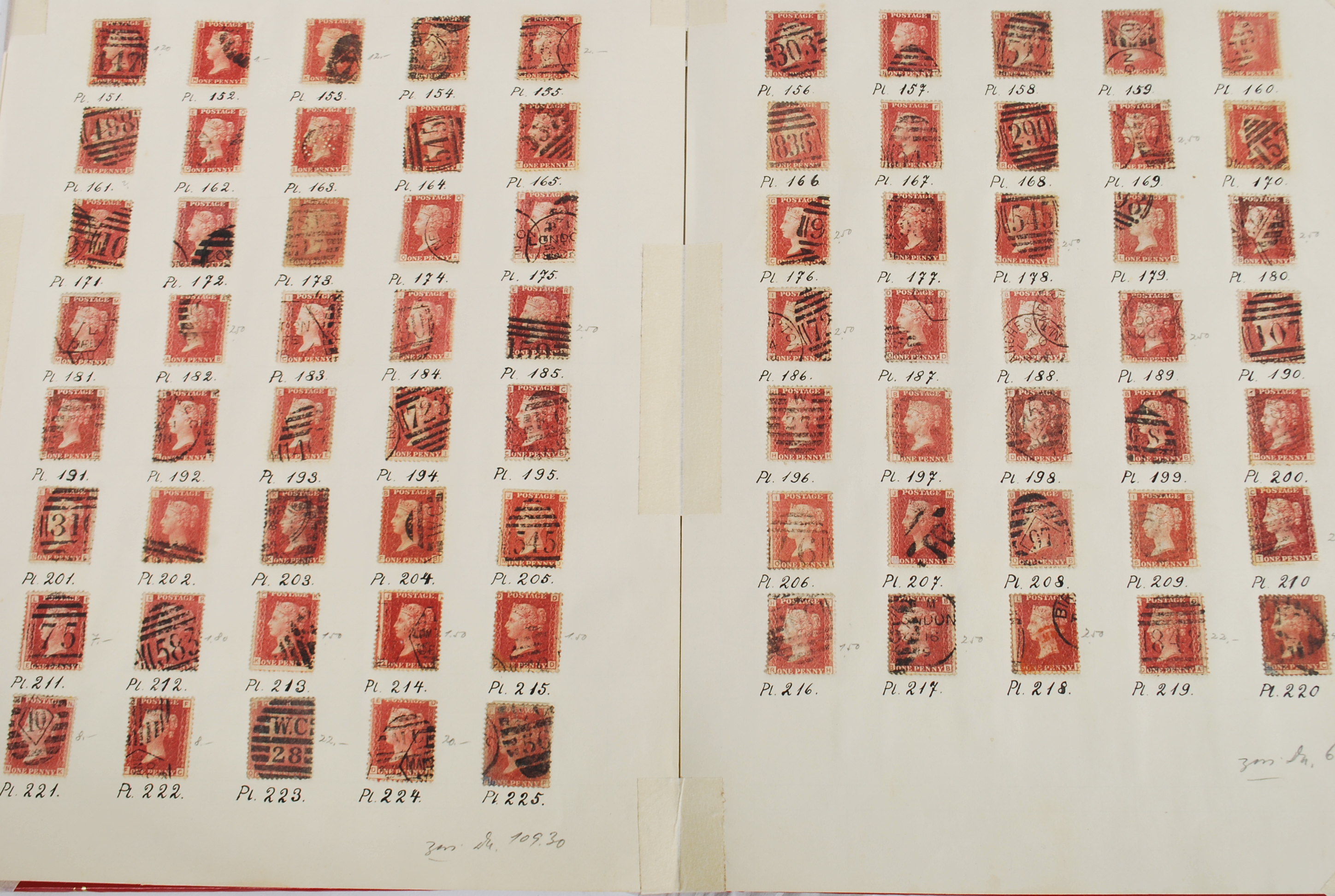 GB STAMPS. 1d Penny red Plate numbers.Used set of this popular issue to plate number 225. SG 43 - Image 2 of 2