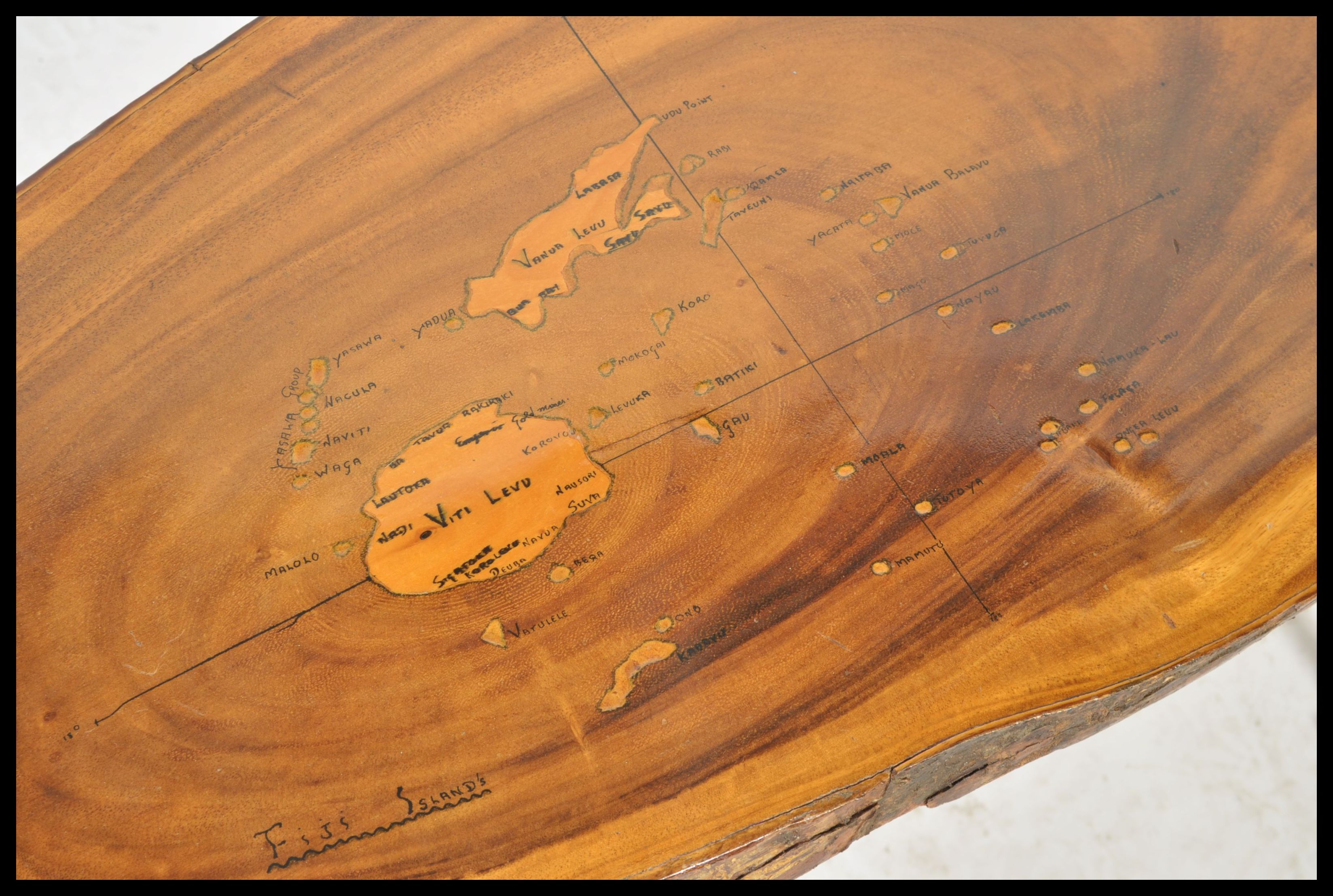 An unusual 20th century map of Fiji wooden coffee table. The naturalistic log top raised on - Image 4 of 4