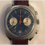 A vintage Heli Reymond Swiss racing chronograph watch having a metallic blue dial with recessed