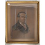 A 19th century pastel charcoal portrait study painting of a gentlemen in Victorian attire being