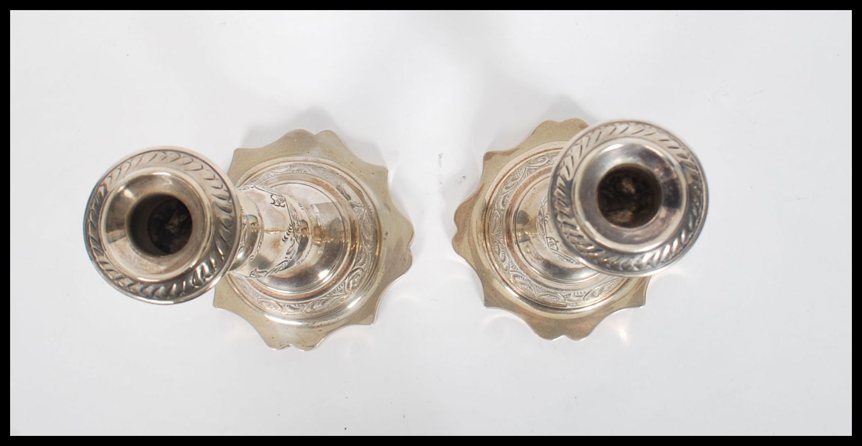 A large pair of Edwardian silver hallmarked London tall candlesticks with shaped terraces and shaped - Image 5 of 7