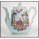 A late 19th early 20th century Staffordshire china teapot, transfer printed with scenes of