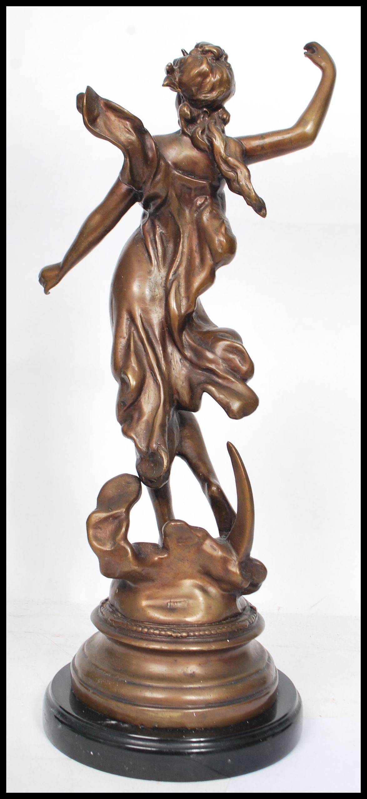 A French bronze figure - sculpture depicting a maiden seated on a crescent moon with cloud after - Image 3 of 6