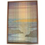 A retro  mid century handwoven abstract fabric panel depicting an Hawaiian seascape. Set within a