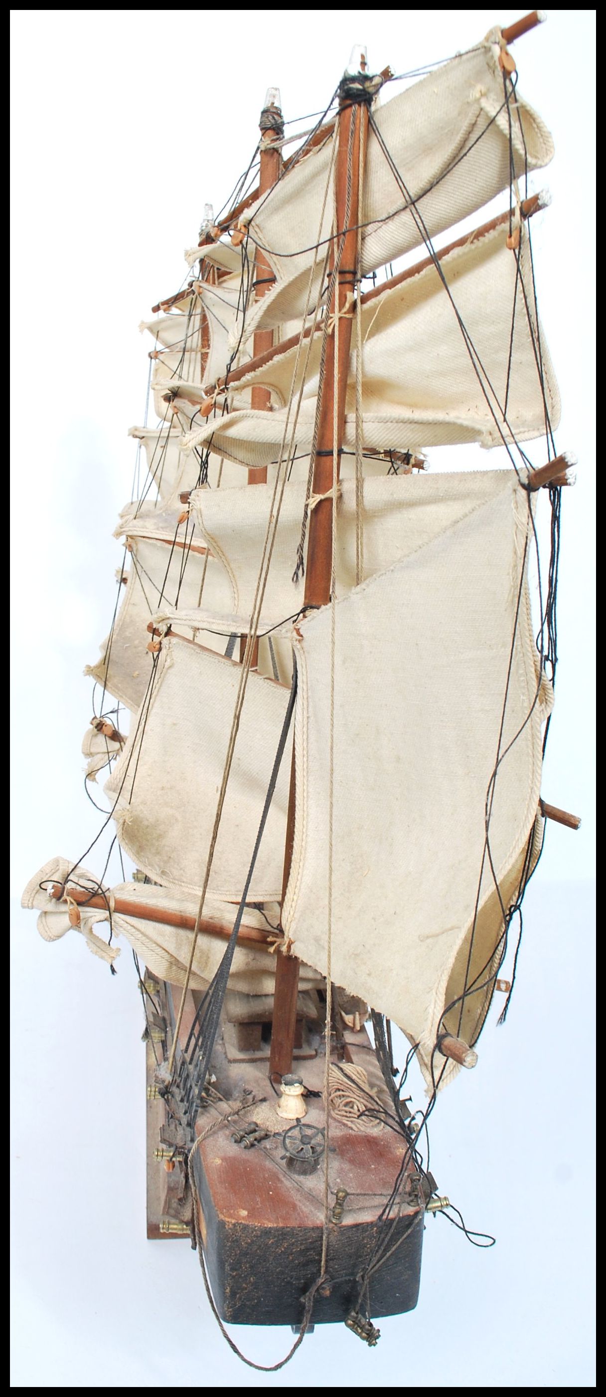 A vintage 20th century  scratch built model of a three masted galleon with sails and rigging. Raised - Image 5 of 8