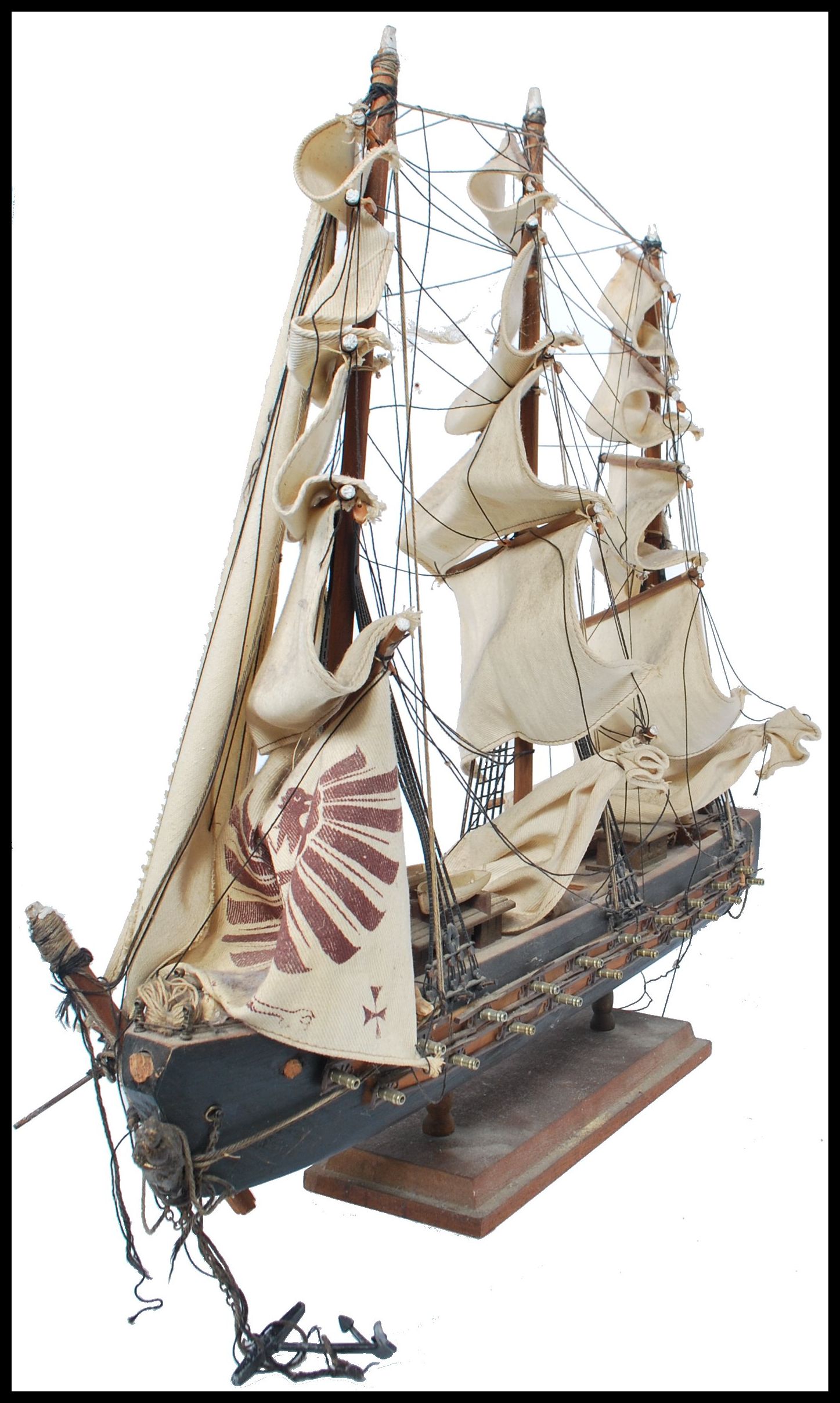 A vintage 20th century  scratch built model of a three masted galleon with sails and rigging. Raised - Image 3 of 8