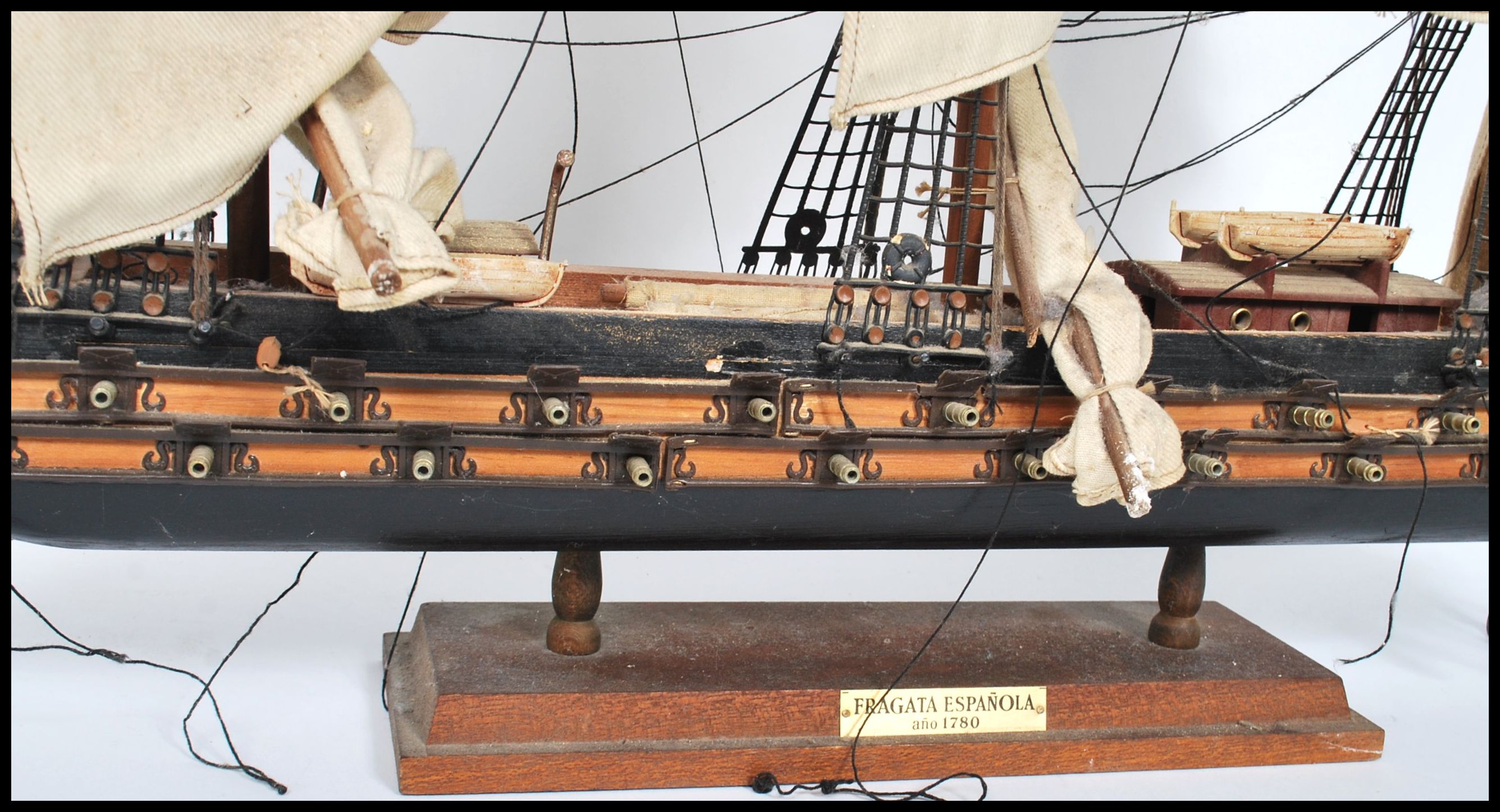 A vintage 20th century  scratch built model of a three masted galleon with sails and rigging. Raised - Image 7 of 8