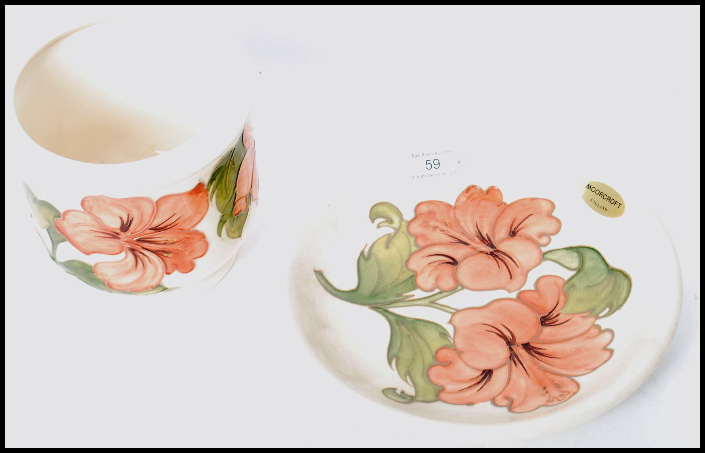 A Moorcroft signed modern tube lined cabinet Plate / bowl in the ' Coral Hibiscus ' design on - Image 2 of 5