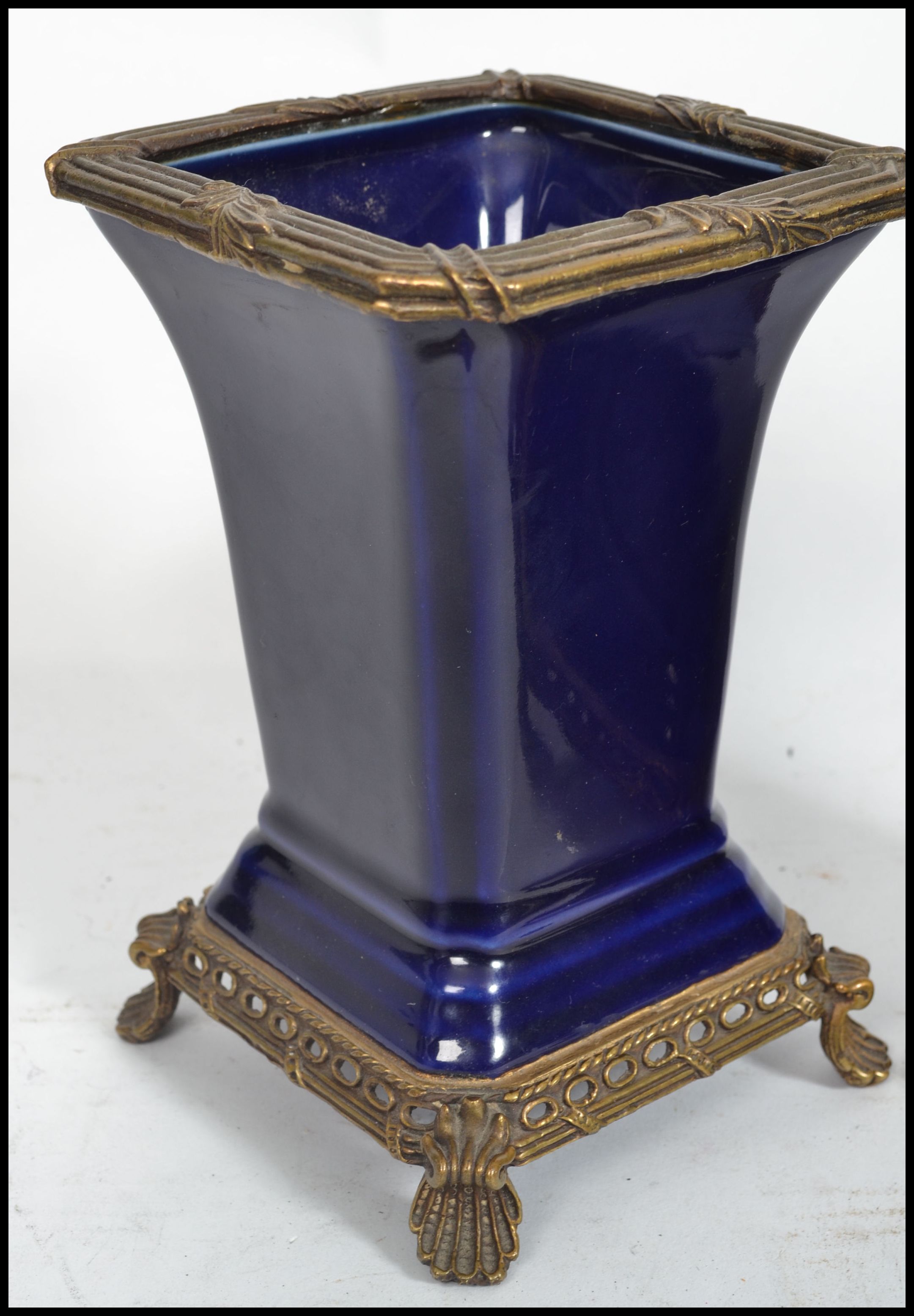 A pair of 19th century ceramic vases of square form having a deep cobalt blue ground with gilt - Image 3 of 6