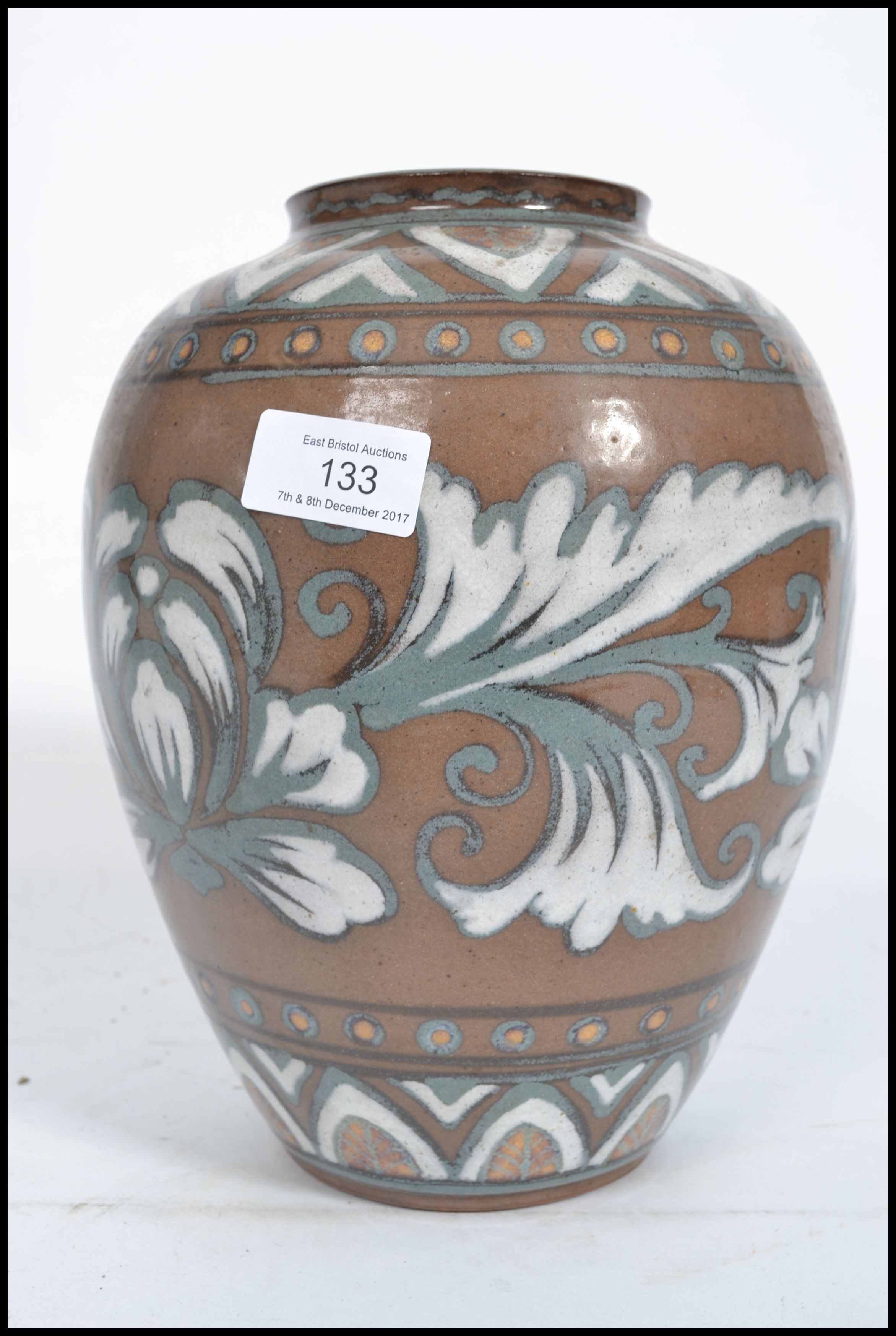 An Oriental Chinese / Japanese stoneware vase having hand painted foliage with character stamp to - Image 2 of 5