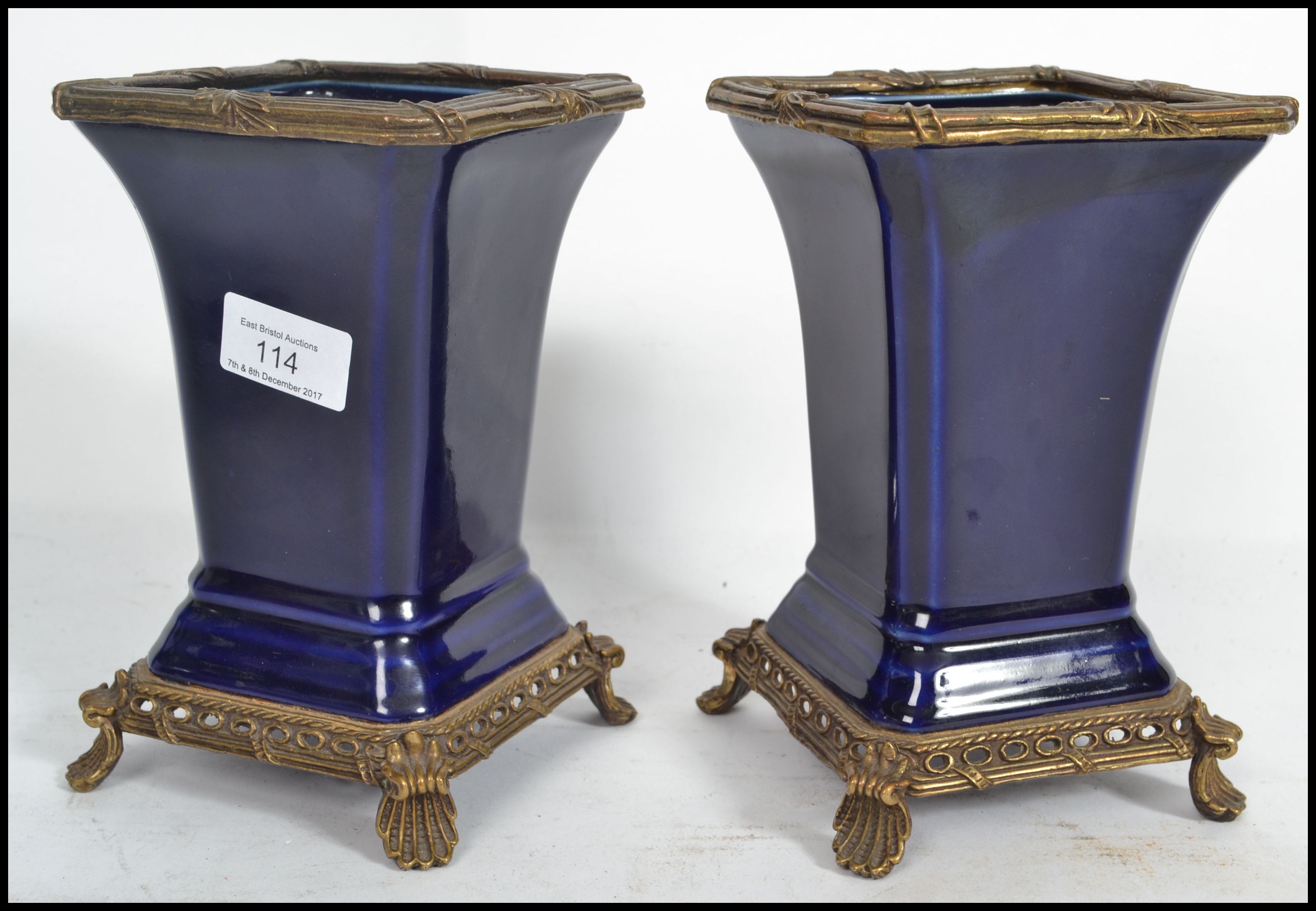 A pair of 19th century ceramic vases of square form having a deep cobalt blue ground with gilt - Image 4 of 6