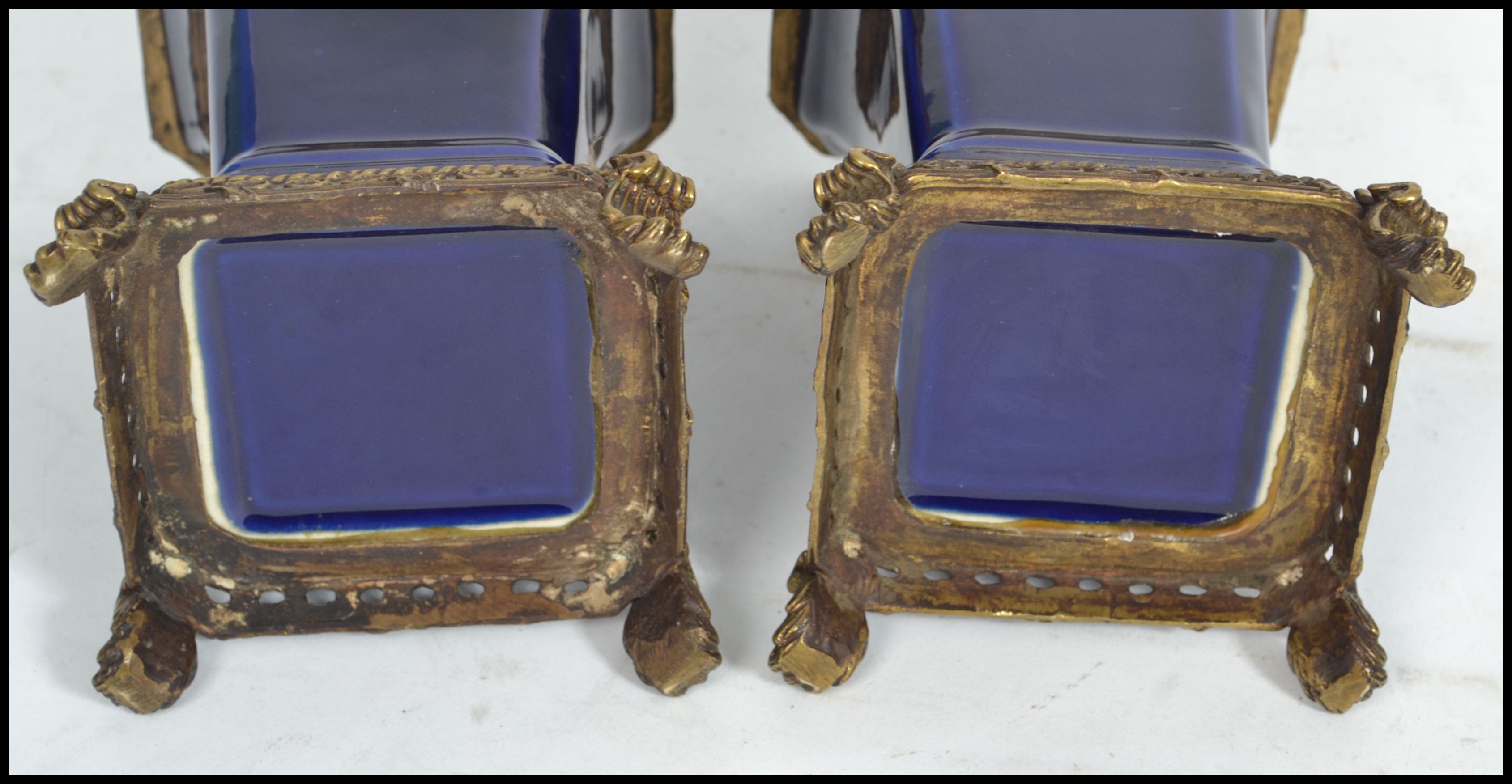 A pair of 19th century ceramic vases of square form having a deep cobalt blue ground with gilt - Image 6 of 6