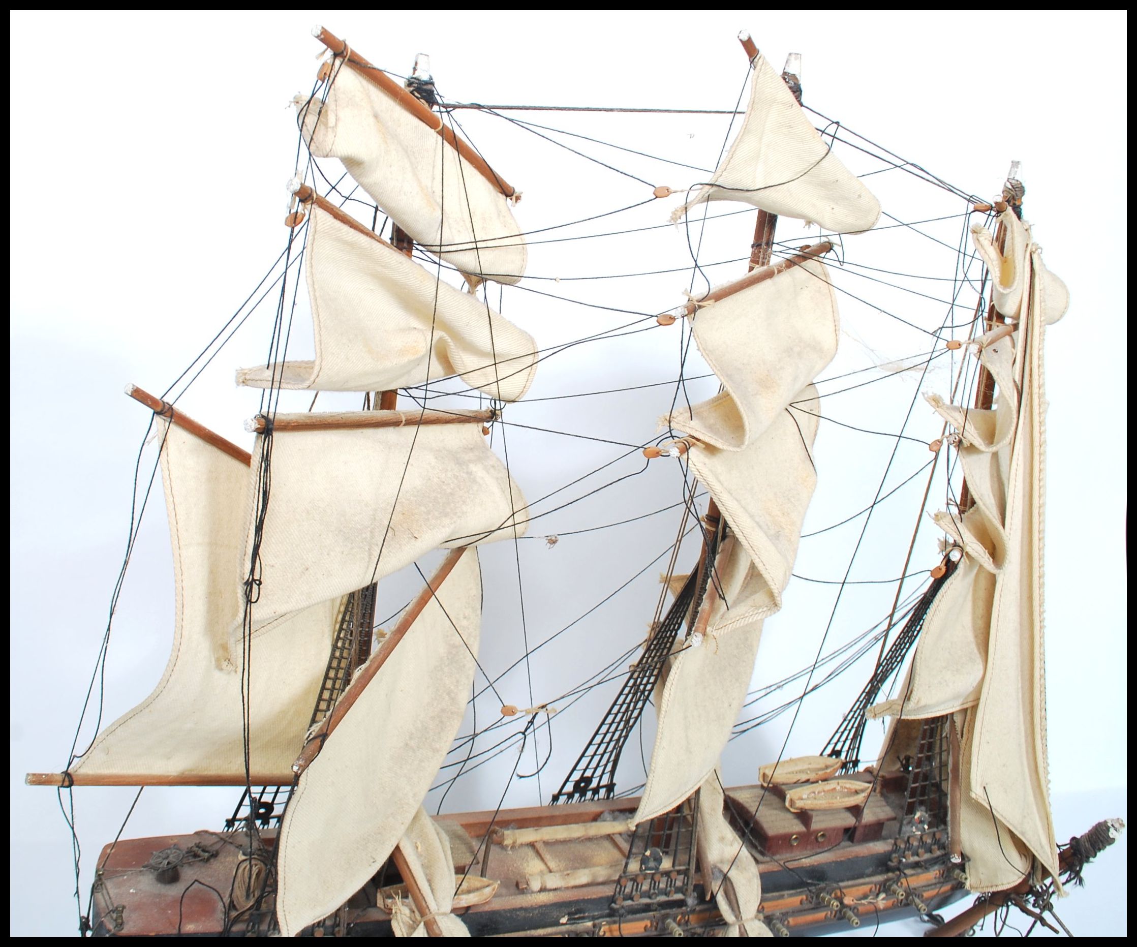 A vintage 20th century  scratch built model of a three masted galleon with sails and rigging. Raised - Image 6 of 8