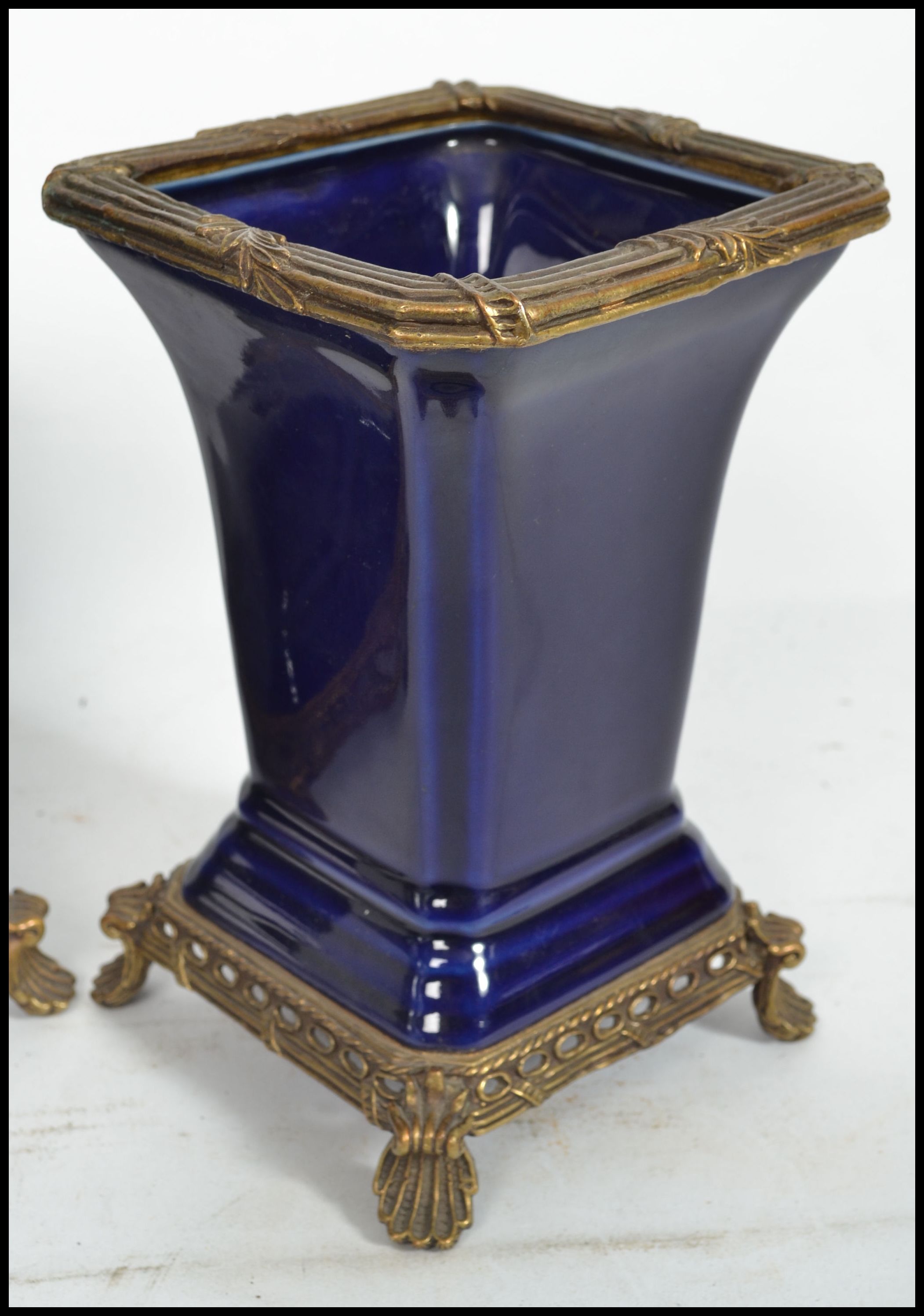 A pair of 19th century ceramic vases of square form having a deep cobalt blue ground with gilt - Image 2 of 6