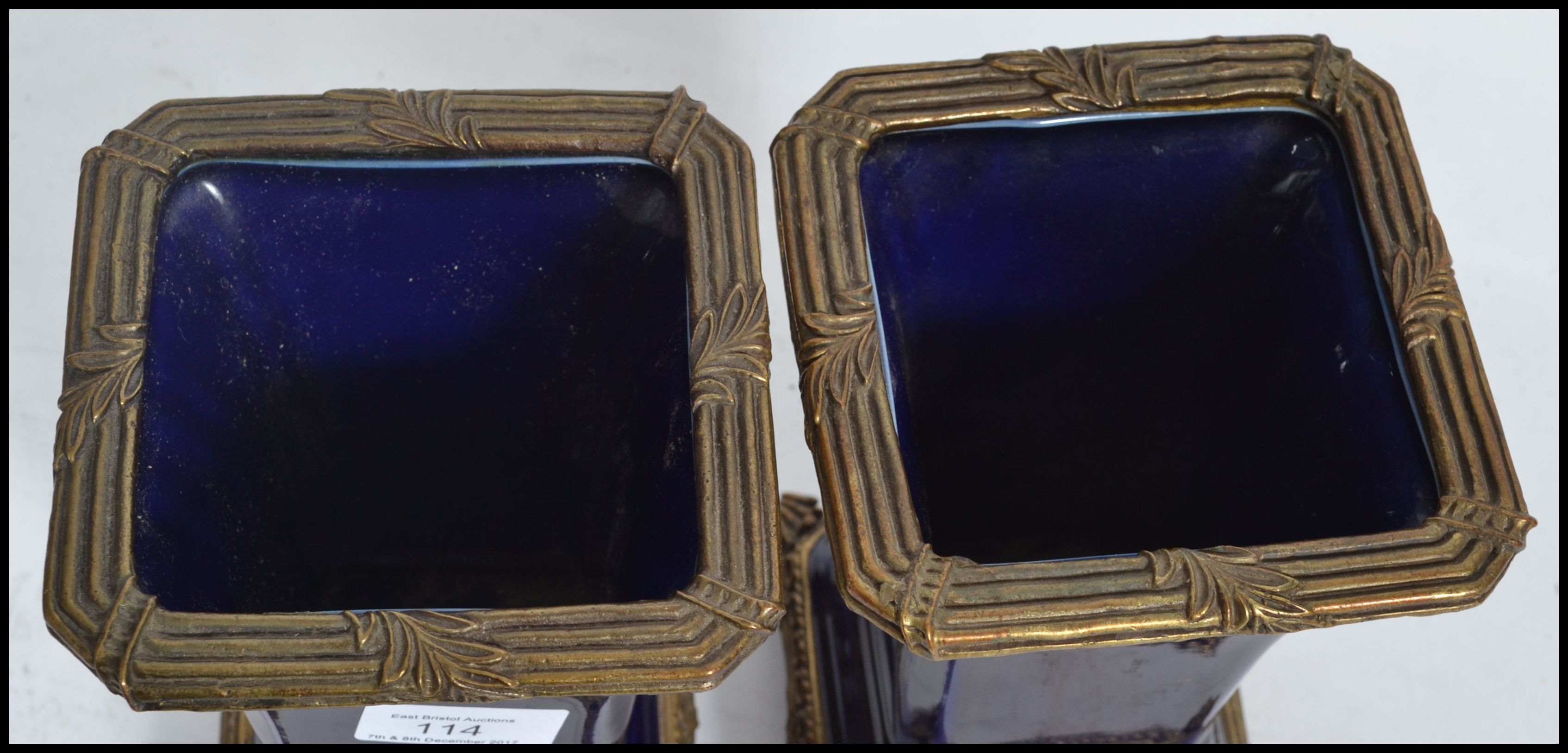 A pair of 19th century ceramic vases of square form having a deep cobalt blue ground with gilt - Image 5 of 6