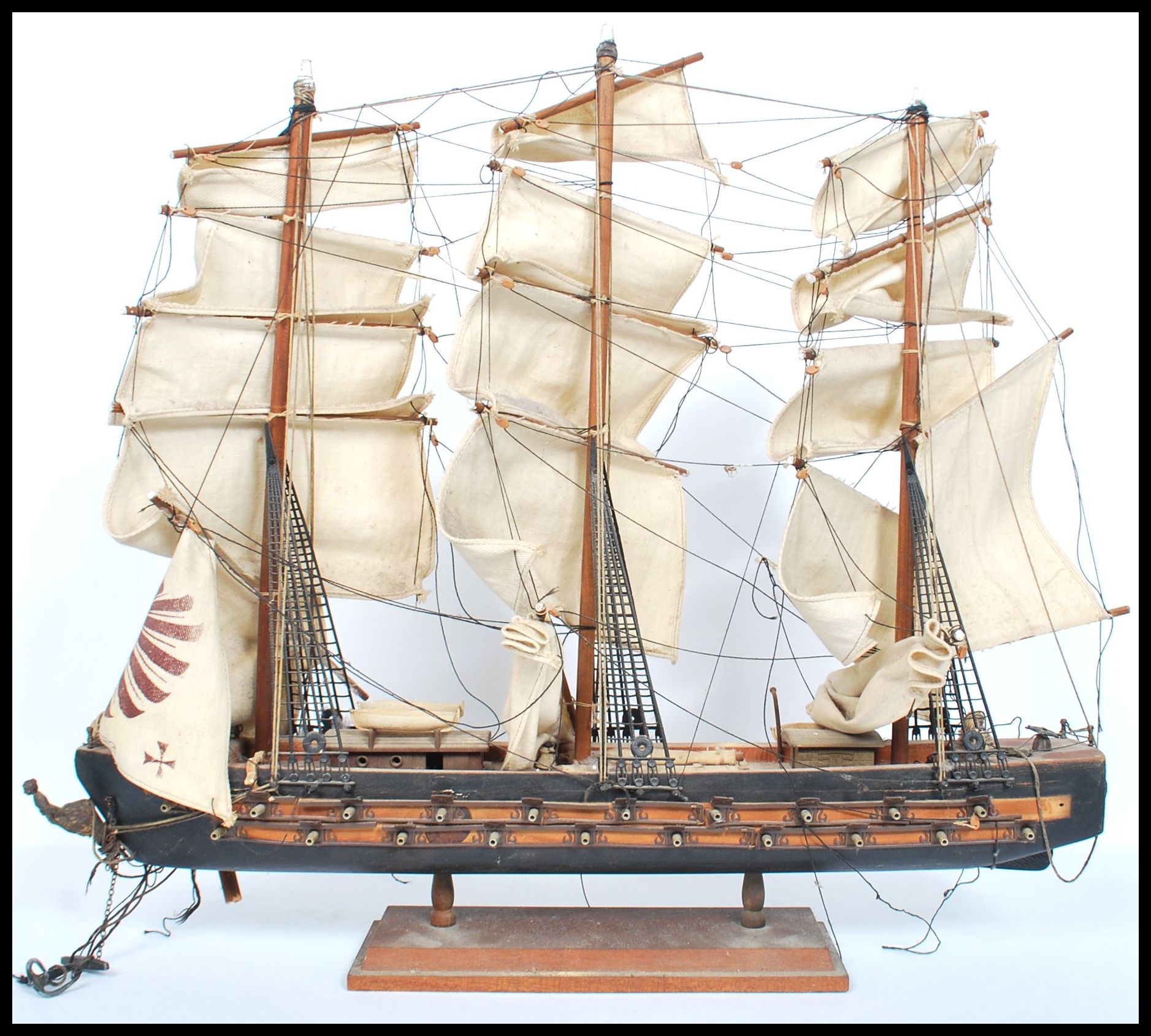 A vintage 20th century  scratch built model of a three masted galleon with sails and rigging. Raised - Image 4 of 8