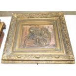 A carved plaster panel depicting two monkeys, in gilt frame, indistinctly-signed, 34 x 42cm, 64 x