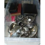 A plated cake basket, various cased and loose cutlery and other plated ware.