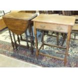 A 1950's oak occasional table with barley-twist legs, an oak drop-leaf table and a carved wood