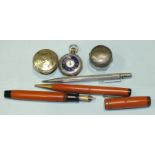 A .935 Continental silver lady's fob watch, (a/f), a Mordan & Co. silver propelling pencil, a Parker