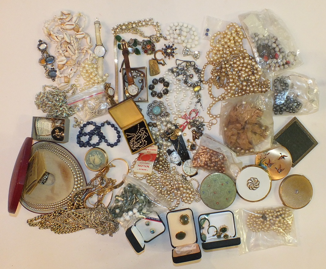 A large quantity of simulated pearls and other costume jewellery, watches, compacts, etc. - Image 2 of 2