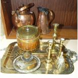 An oak and brass-plate-bound biscuit barrel with lid and handle, 15cm high, a copper kettle and jug,