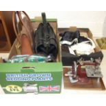 A tan leather handbag, a travelling double photo frame, a child's sewing machine and other items.