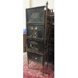 Two iron-framed document stands, each with lockable Japanned document boxes, 176cm and 140cm high,