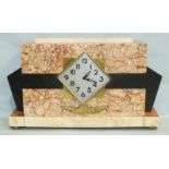 A French Art Deco variegated pink and brown marble 8-day mantel timepiece, 24cm high, 38.5cm wide.