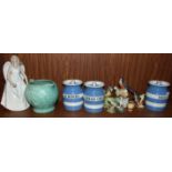 Two T G Green blue-and-white-banded Cornish Ware storage jars and covers 'Sago' and 'Bread