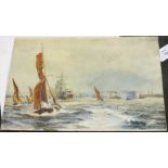 S Beavon, 'Steam ships and sailing boats off a harbour', unframed, signed watercolour, 25 x 36cm and