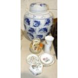 A large reproduction blue and white ginger jar and cover decorated overall with fish, 37cm high, a