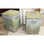 A pair of galvanized metal storage lidded bins, 43cm square, 60cm high, (2).