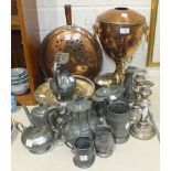 A copper samovar, (incomplete), a copper bed warmer, a pair of plated candlesticks, 20cm high, (a/f)