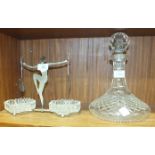 A cut-glass ship's decanter and stopper, 26cm and a pair of glass jam dishes supported on chrome-