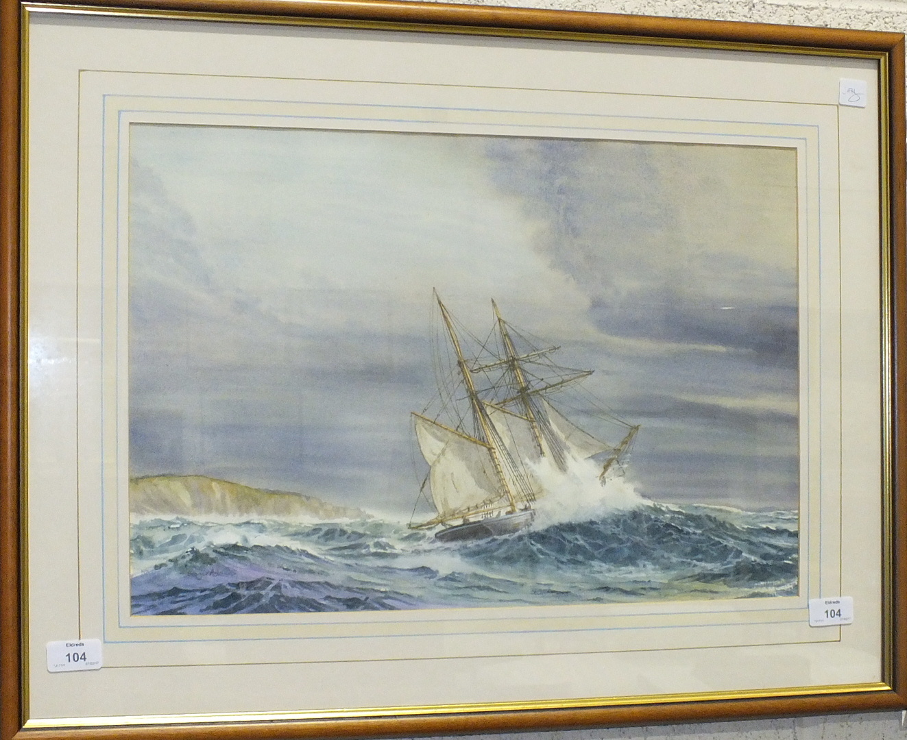 Roger Adams, 'The Schooner "Sea Nymph" off Hartland Point', signed watercolour, label verso, 35 x