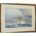 Roger Adams, 'The Schooner "Sea Nymph" off Hartland Point', signed watercolour, label verso, 35 x