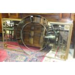 A pair of modern gilt-framed bevelled rectangular wall mirrors, 177 x 86cm and a circular mirror, (