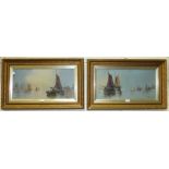 E Chester, 'Sailing vessels off a harbour, with a windmill', signed oil on board, 28 x 58cm and a