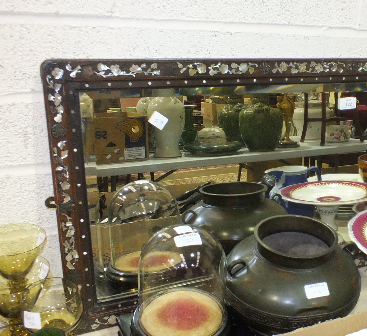 An Oriental hardwood-framed mirror with mother-of-pearl inlay, 45 x 120cm, two black-lacquered - Image 2 of 2