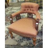 An Edwardian walnut frame tub-style chair with padded button back and arms, with upholstered seat,